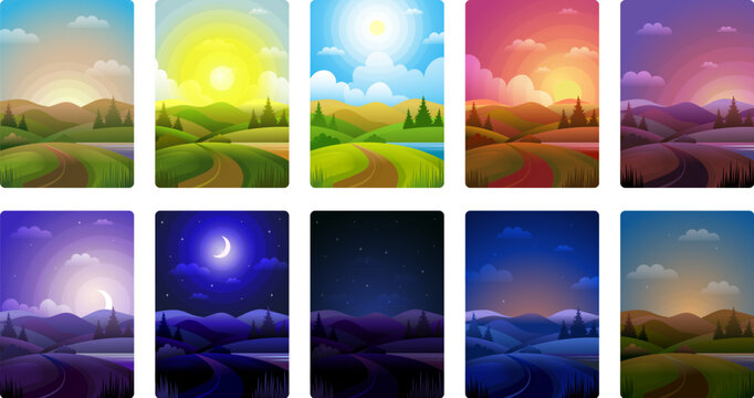 day parts. background of noon morning day and night recent vector cartoon landscape with weather hor