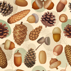 Poster - fir cones pattern. forest acorns collections recent vector seamless background in cartoon style
