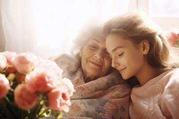 Older woman and young girl are seen laying on bed. This image can be used to depict bond between generations or for illustrating family relationships.