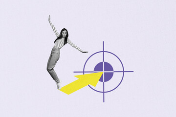 Poster - Collage photo artwork of funny young determined girl arrow dartboard bullseye achievement good job purpose isolated on purple background