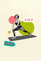 Poster - Photo banner collage of young sportswoman yoga caremat big sale advertisement equipment for gym trainings isolated on painted background