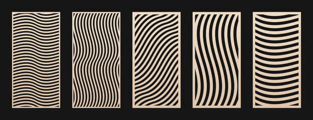 Fototapete - Laser cut panel set. Vector stencil with abstract geometric pattern, wavy lines, curves, stripes. Modern decorative panels for laser, CNC cutting of wood, metal, plastic, paper. Aspect ratio 1:2