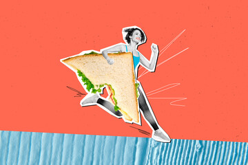 Wall Mural - Artwork collage picture of cheerful sporty black white colors mini girl run jump arm hold huge sandwich isolated on red background