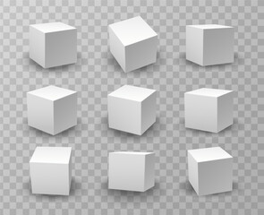 3d realistic vector icon set. White modeling cube mockups under different lightning.