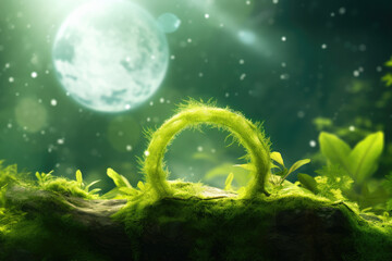 Green ring sitting on top of moss covered rock. This image can be used to depict nature, jewelry, or concept of growth and renewal.