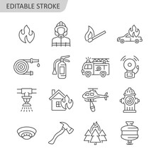 Firefighting Line Vector Icon Set. Fire Department Symbol With Fire, Fire Hose, Firefighter, Extinguisher, Fire Engine, Sprinkler System, Burning House, Helicopter, Hydrant. Editable Stroke.