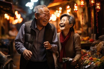 Adventurous senior Asian couple exploring the city and traveling