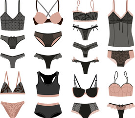 Wall Mural - Collection of elegant female underwear. Trendy lingerie set, bra, pantie, bikini. Collection of undergarments vector illustration