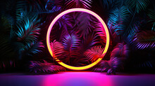 Pink And Yellow Circle Neon Light, Tropical Jungle Floral Background