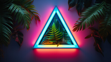 Wall Mural - sky blue and yellow neon light triangle on tropical jungle floral background