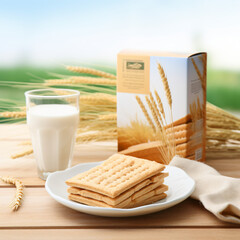 Wall Mural - Biscuits mockup template, wheat biscuit box, plate of biscuits and glass of milk on a table