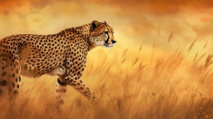 Wall Mural - cheetah stalking fro prey on savanna digital art