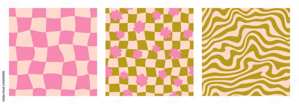 Groovy seamless background set. Repeating retro wave, daisies and ...