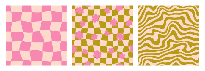 Poster - Groovy seamless background set. Repeating retro wave, daisies and checkered pattern collection. Vintage psychedelic checkerboard wallpapers. Distorted pink and green backdrop in 60s, 70s style. Vector