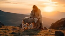Shepherd Jesus Christ Taking Care of One Missing Lamb During Sunset, generative ai