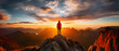 © Marc - A lonely hiker enjoy the beautiful sunset panorama on top of a mountain, sunset mountain view, generative ai