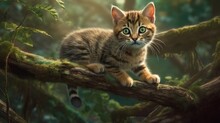 Mischievous Kitten Dangling Playfully From A Branch With Curiosity And Playfulness