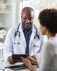 Wall Mural - nurse holding tablet, explaining the information on the screen to concerned male patient. This showcases the digital tools used in educating patients about pain management strategies.