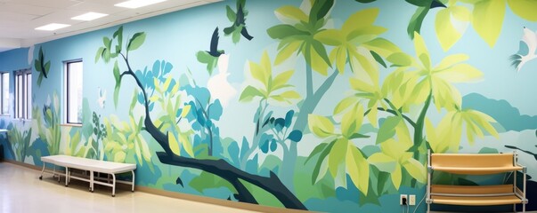 the details of naturebased mural on the wall of palliative care room. bold strokes of paint creating