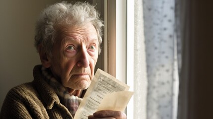 Wall Mural - elderly cancer patient looks longingly out of the window while holding medical bill, the high figures casting shadow of concern and uncertainty on his face.