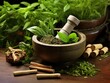 Herbal green leaves and roots, with mortar and pestle, depict naturopathic doctors tools. This holistic approach aims to stimulate the bodys selfhealing process in cancer treatment.