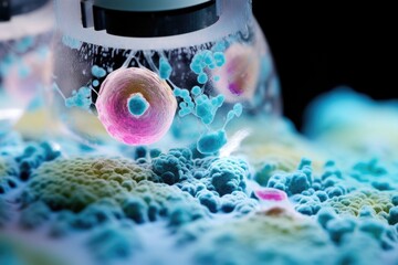 Look through the lenses of pathologists microscope showing sample of ovarian carcinoma, the most deadly of gynecologic cancers, marked with splotches of green, pink, and blue.