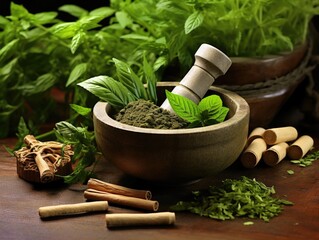 Wall Mural - Herbal green leaves and roots, with mortar and pestle, depict naturopathic doctors tools. This holistic approach aims to stimulate the bodys selfhealing process in cancer treatment.