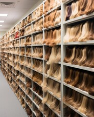 Wall Mural - Shelves filled with numerous wigs of various styles and shades, serving as beacon of hope for those wanting to enhance their confidence and physical appearance during patients cancer journey.