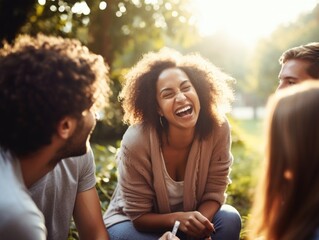 group of happy friends gathered in park, laughing and socializing. The image encapsulates the notion of reducing stress and enhancing mental health as way to lower the risk of cancer.