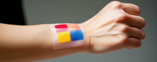 Wall Mural - The closeup shot of human hand gently resting on an arm, with colorful patch adhered to the skin, representing the use of drug patches in administering chemotherapy.