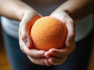 Wall Mural - closeup shows sweatsoaked hands tightly clutching stress ball, symbolizing the anxiety person affected by cancer often faces.