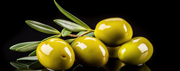 Wall Mural - Delicious olives with leaves on dark background