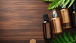 © sri - aerial perspective showcases essential oil bottles and vibrant green leaves against a wooden surface.