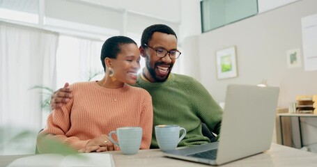 Poster - Black couple, video call and communication on laptop in home for digital chat, coffee or smile on social network. Man, woman and wave hello on computer in virtual conversation, online contact or voip