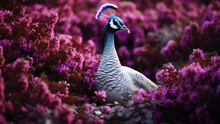 White Peacock In Purple Flowers. Peacock In Lavender Field.