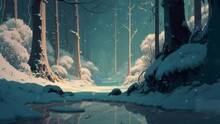 Cozy Anime Style Winter Forest With Rippling Pond And Falling Snow. Lofi Christmas Woods With Half Frozen Creek. Looping Animated Background / Wallpaper. Vtuber Backdrop. Seamless Loop.