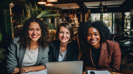 Poster - Happy multiethnic smiling business women working together in office : Generative AI