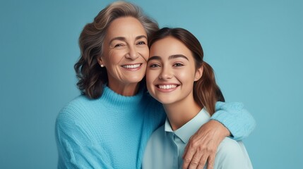 Cheerful lovely fun satisfied elder parent mom with young adult daughter two women together wearing casual clothes hugging cuddle look camera isolated on plain blue cyan background. Fa : Generative AI