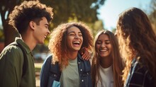 Group Of Multiracial Best Friends Laughing Together Outdoor - Mixed Race Students Having Fun At College Campus - Friendship, Tourism, Community, Youth And University Concept. : Generative AI
