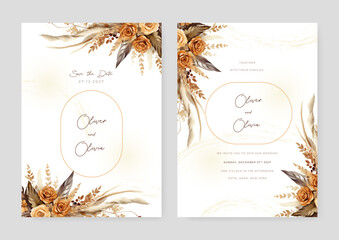 Fototapete - Orange and beige rose modern wedding invitation rustic boho watercolor template with floral and flower