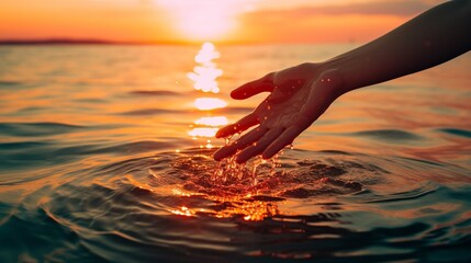 A female hand touching the ocean water in front of a beautful sunset during summer time. : Generative AI