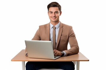 Aufkleber - Young smiling businessman sitting in office chair and working on laptop computer isolated on white background : Generative AI