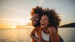 Black couple, travel and beach fun while laughing on sunset nature adventure and summer vacation or honeymoon with a piggy back ride. Comic, energy and black man and woman love on ocea : Generative AI