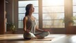 Tranquil young asian female in sportswear with closed eyes and namaste hands meditating while practicing yoga in light living room at home : Generative AI