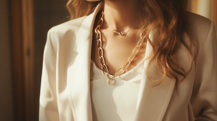 Close-up young woman in light beige jacket wearing golden chain necklace. Modern fashion details. Minimalist lifestyle : Generative AI