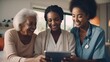 © Generative AI - Black woman, doctor and elderly patient with good news, tablet and results for health, advice and report. Happy african medic, mobile touchscreen or healthcare with smile, tech or supp : Generative AI