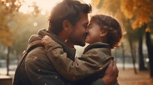 Father, Bonding Kiss And Boy Child Hug Happy In Nature With Quality Time Together Outdoor. Happiness, Laughing And Family Love Of A Dad And Kid In A Park Enjoying Nature Hugging With C : Generative AI
