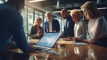 Fototapete - Teamwork meeting, tablet and business people in office workplace. Collaboration, technology and workers, men or employees with touchscreen planning sales, research or financial strateg : Generative AI