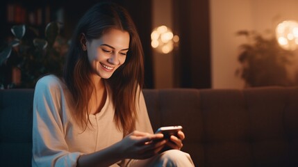 Happy relaxed young woman sitting on couch using cell phone, smiling lady laughing holding smartphone, looking at cellphone enjoying doing online ecommerce shopping in mobile apps or w : Generative AI