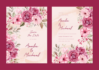 Wall Mural - Pink rose modern wedding invitation rustic boho watercolor template with floral and flower